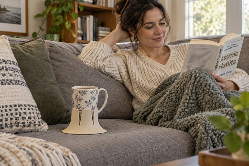 Adult reading paperback stretched along fabric sofa with open high-handled tea mug in Steadi on broad firm flat sofa cushion alongside reader outside throw. AI illustration.