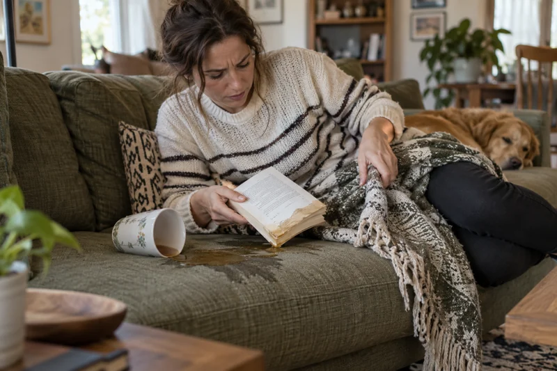 Moving book and blanket catches tea; it soaks sofa seat and book corner. AI illustration.
